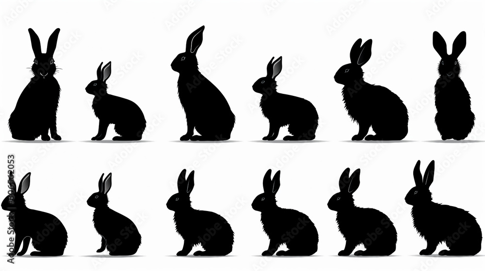 Playful Rabbit Silhouette Set: Adorable Animal Graphics for Creative Designs, White Background Isolated Collection Illustration