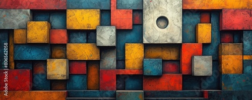 Colorful 3D rendering of interlocking cubes and rectangles with a rough concrete texture.