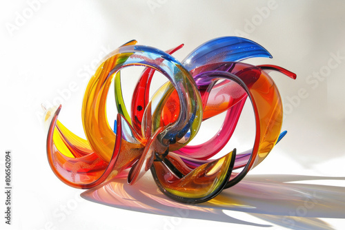An artistic glass sculpture with colorful swirls and abstract shapes
