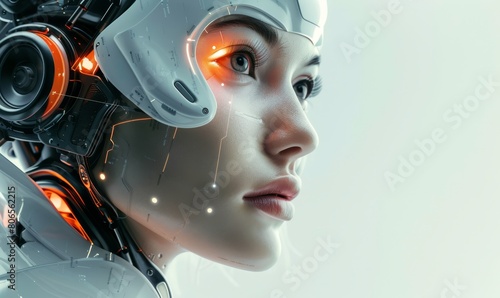 Head-shot of beautiful woman robot with on futuristic background. Artificial intelligence, people and technology concept © khwanchai