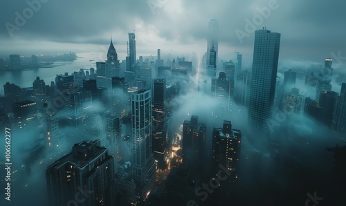 top view of the city with skyscrapers, in cloudy weather in morning