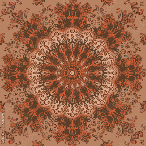 Beautiful Mandala Ornament Design in burnt orange and deep red with light taupe background