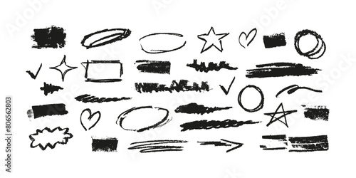 Marker underline graffiti set. Doodle highlight. Bundle of chalk stripes sketches, hand-drawn brush, grunge scratches and squiggles, childish paint element. Isolated vector rough strokes. 