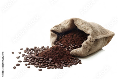 Freshly ground coffee beans spilling from a burlap sack