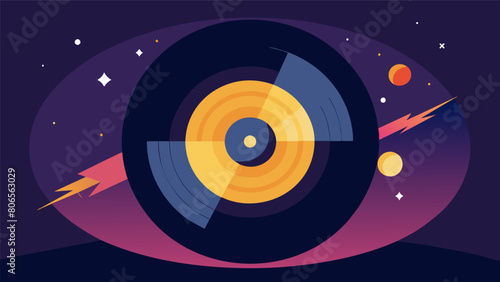 The record spins at a steady pace its smooth surface reflecting the surrounding lights in a dreamy display. Vector illustration
