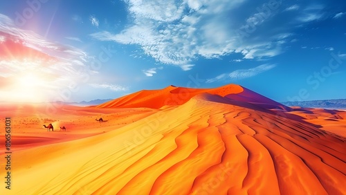 Desert landscape with dunes mirages oasis camels and scorching heat. Concept Desert Landscape  Dunes  Mirage  Oasis  Camels  Scorching Heat