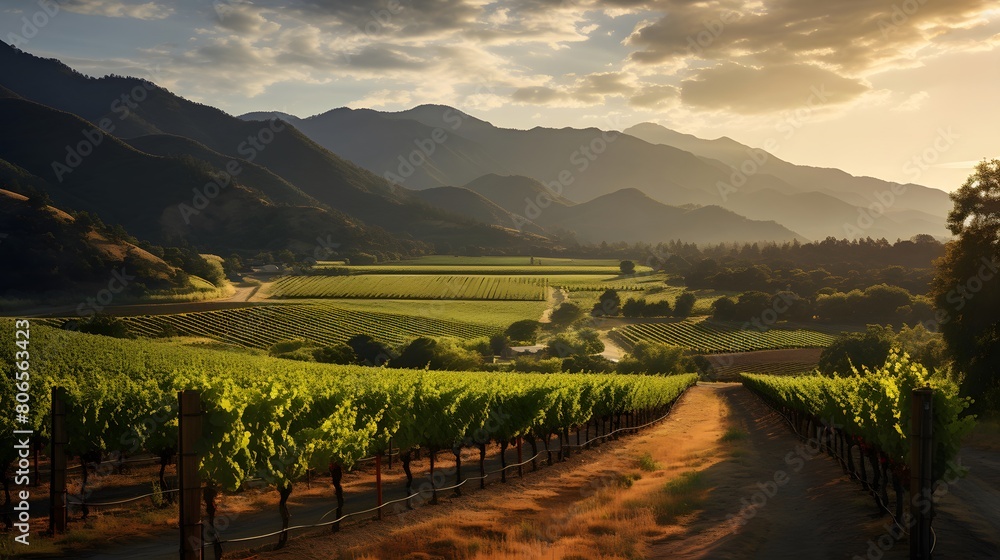 Panoramic view of a vineyard in the mountains at sunset