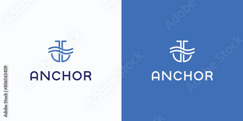 Anchor and water wave shape vector logo design with modern, simple, clean and abstract style.