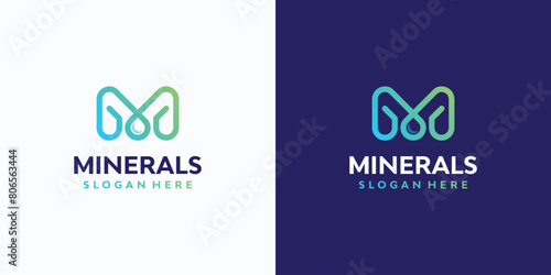 Vector logo design with the initials of the letter M and a water drop shape in the middle in a modern, simple, clean and abstract style.