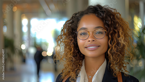 Portrait of a beautiful mixed race business woman with curly hair wearing glasses smiling in an office building. Created with Ai