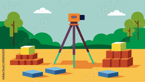 Surveying equipment being used to properly level the ground for the placement and alignment of concrete blocks.. Vector illustration