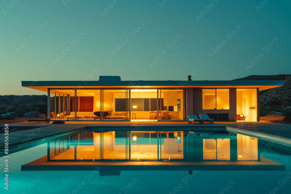 Fototapeta premium Elegant modern poolside villa. Luxury home with swimming pool in modern style.