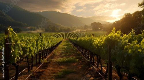 panoramic view of a vineyard at sunset in the mountains