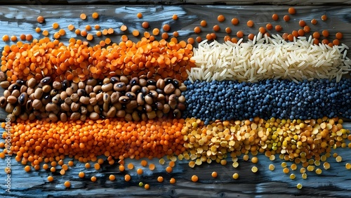 Assorted grains legumes lentils beans rice and quinoa in gradient on wood. Concept Food Photography  Grains  Legumes  Healthy Eating  Natural Ingredients