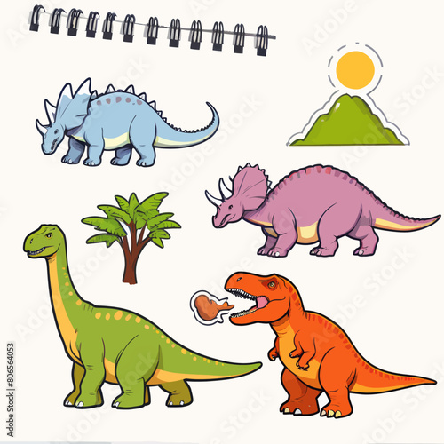 a notebook with dinosaurs and trees on it