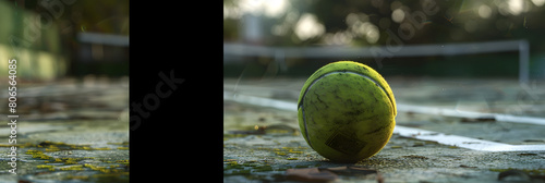 Tennis ball on artificial grass. Outdoor tennis court. Green lawn sports ground. Vibrant green tennis court set for an exciting game. 