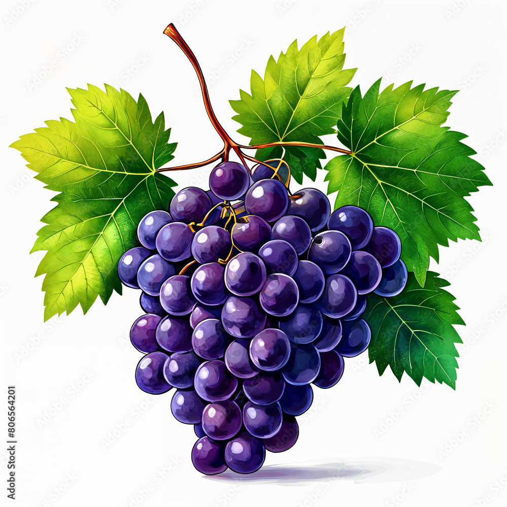 Fototapeta premium A bunch of purple grapes hanging from a vine, with green leaves surrounding them.