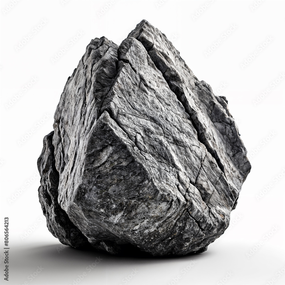 A large, gray rock with jagged edges and a rough texture, placed against a plain background. A large, gray rock with jagged edges and a rough texture, placed against a plain background.