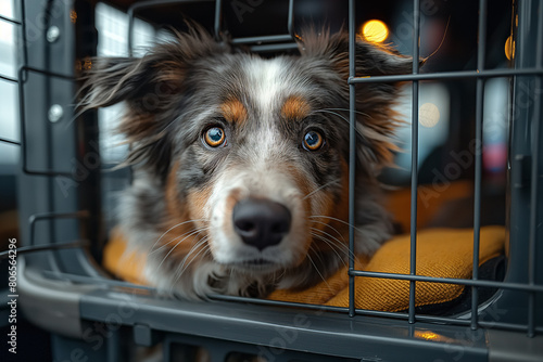 Dog inside the open pet pet carrier for transportation