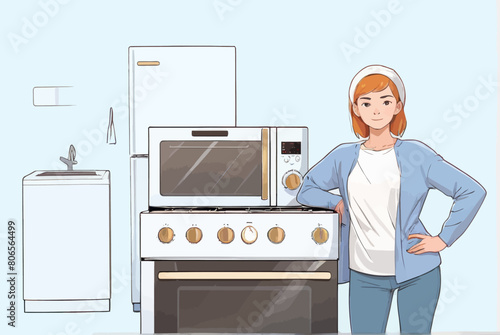 a woman standing in front of a stove with her hands on her hips