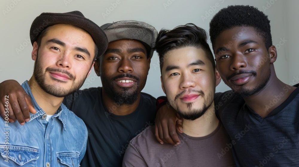 Group portrait of four men with diverse skin tones in a studio setting, showcasing confidence and unity in diversity