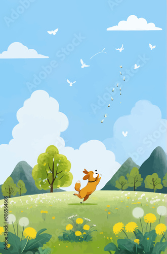 a painting of a dog running across a field