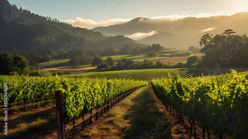 Panorama of vineyard in the morning light with fog in the valley