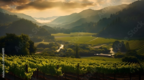 panoramic view of vineyard in the mountains at sunset.