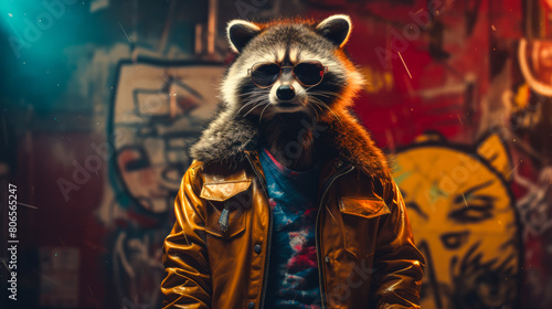 A raccoon is wearing a leather jacket and sunglasses photo