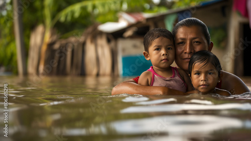 A woman embracing two young children while submerged in floodwater, with a blurred background of their village.