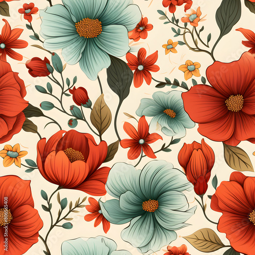 seamless floral pattern  red and blue flowers on beige background