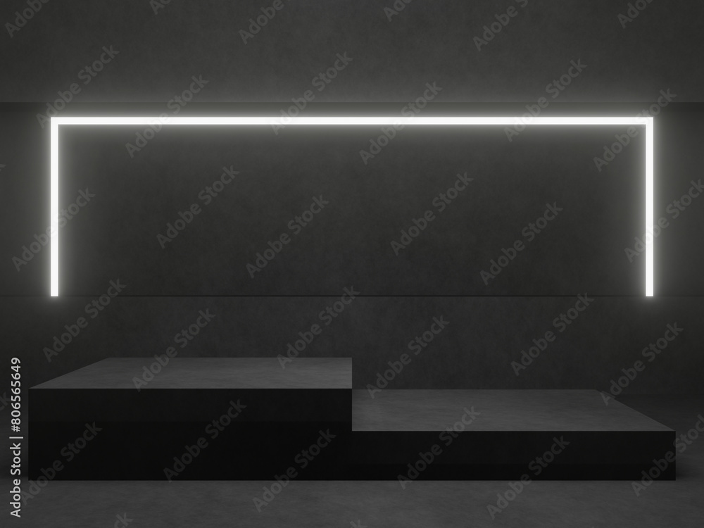Obraz premium 3D black geometric podium with white neon lights