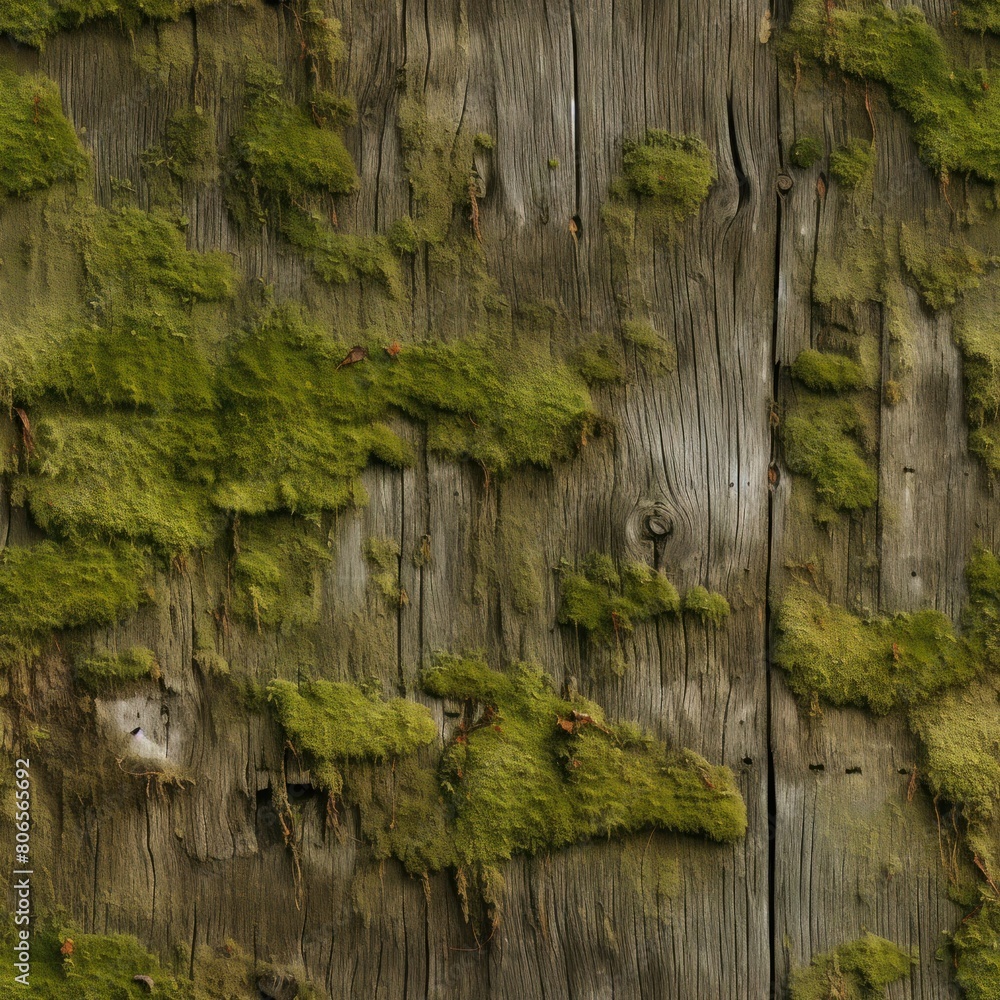 Old wooden wall, green moss. Seamless texture. Old wooden wall, green moss. Seamless texture.