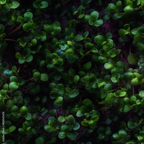 Seamless pattern with fresh and young micro greens. Microgreen sprouts endless texture on dark backdrop. Organic vitamin food background.