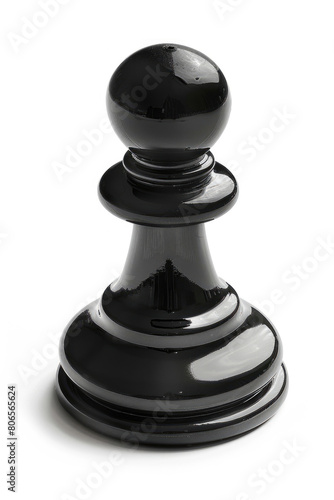 A single shiny chess pawn in glossy black, standing alone on a white background