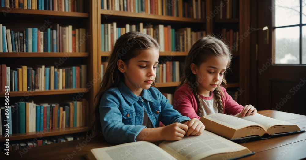 Two Young Girls Engrossed in Reading at the Library Two Young Girls Engrossed in Reading at the Library