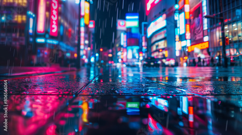 Neon lights reflecting on wet streets at night. Cyberpunk background.