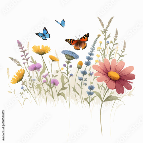 a bunch of flowers with butterflies flying over them