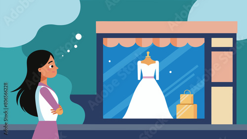 A young woman stands outside of a bridal boutique staring wistfully at the window displays. She had always dreamed of getting married but her student. Vector illustration