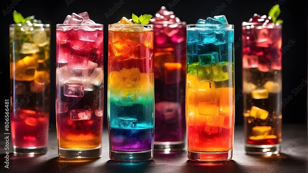 A tall glass filled with colorful layers of different flavored sodas, creating a vibrant gradient effect A tall glass filled with colorful layers of different flavored sodas, creating a vibrant gradient effect
