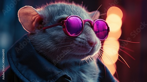 Rat with colorful neon retrowave background.