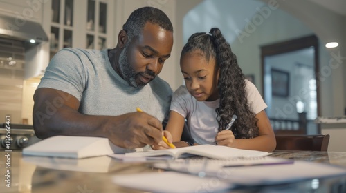 An engaged father helping his daughter with homework at the kitchen table, showing patience and guidance