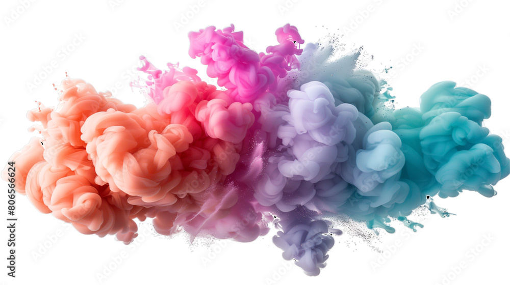Fototapeta premium Picture of smoke, explosion, dispersion, multi-colored rainbow, clouds, scattered against a white background.