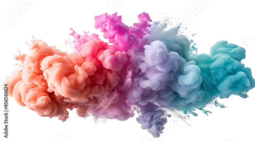 Picture of smoke, explosion, dispersion, multi-colored rainbow, clouds, scattered against a white background.