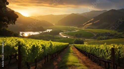 panorama of vineyards in South Styria, Austria at sunset