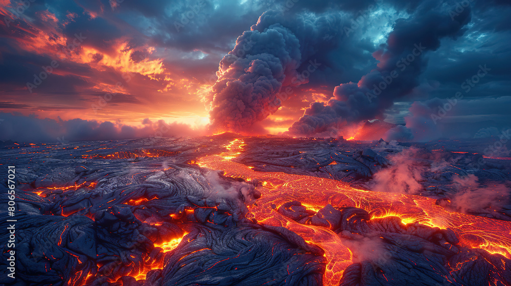 A large lava flow entering the ocean at night, creating a beautiful yet intense volcanic landscape





