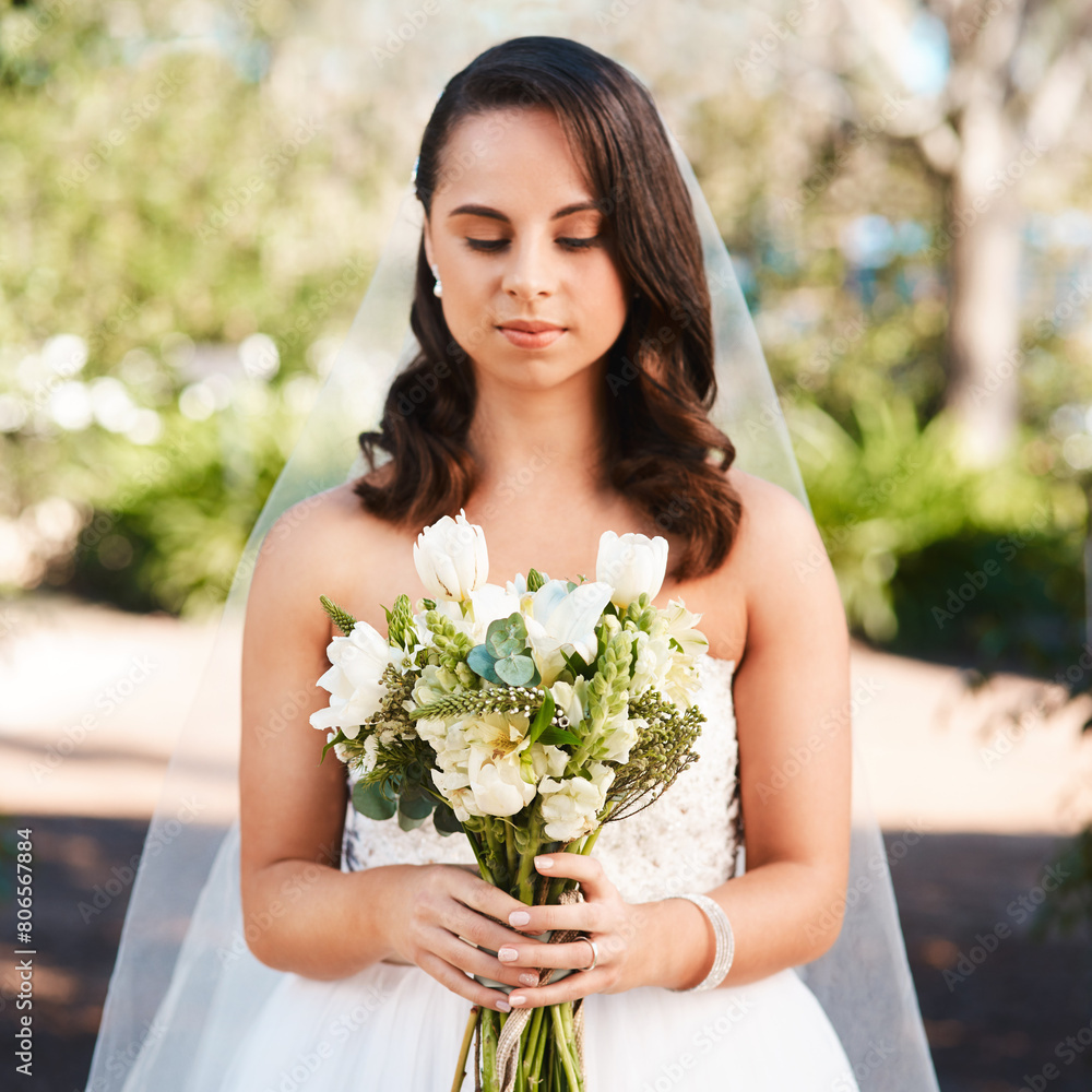 Woman, bride and bouquet with flowers for wedding, marriage or ceremony in outdoor nature. Female person with white roses or dress for love, tradition or natural greenery in countryside for honeymoon Woman, bride and bouquet with flowers for wedding, marriage or ceremony in outdoor nature. Female person with white roses or dress for love, tradition or natural greenery in countryside for honeymoon
