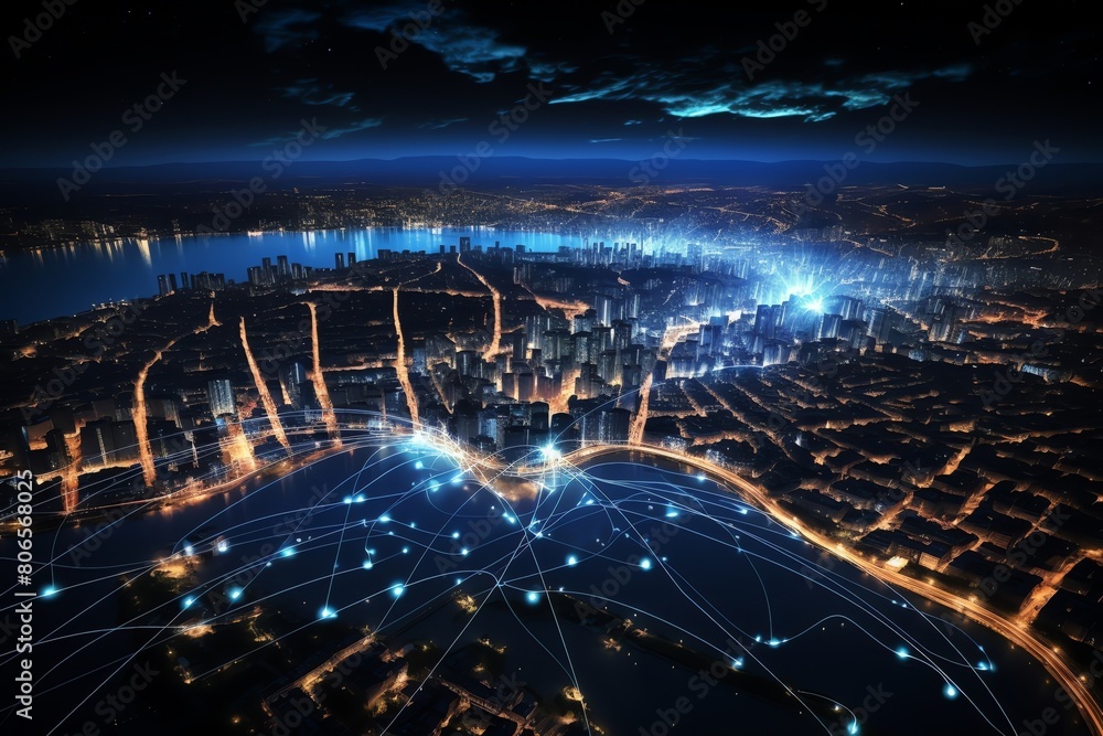 Fototapeta premium Neon web lines across city, night, global network idea, urban digital landscape