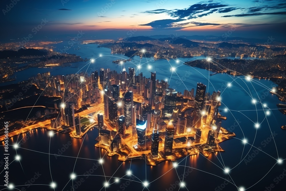 Naklejka premium Skyline, web network overlay, worldwide connectivity, evening, digital city concept