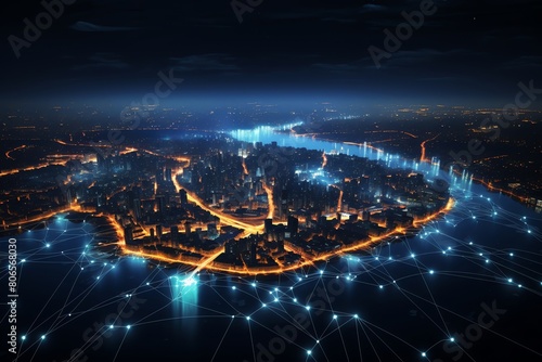 Neon web lines across city, night, global network idea, urban digital landscape
